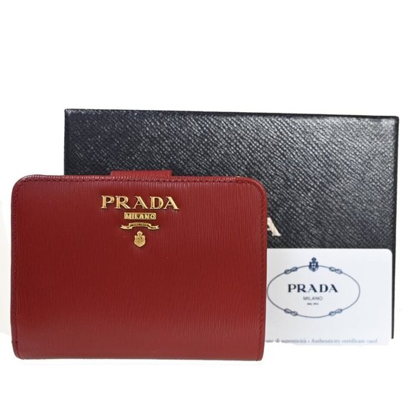 PRADA MILANO Logo Bifold Wallet Purse Vitello Move Leather Rubino Gold - Picture 1 of 16